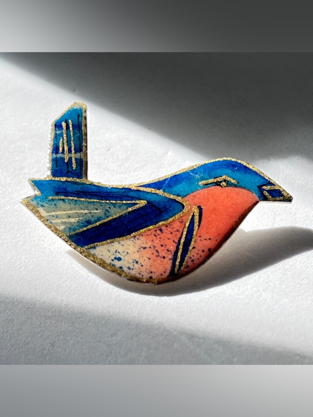 Hand-Painted Blue and Coral Bird Pin